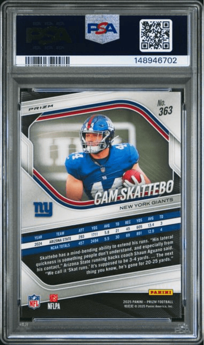 Graded 2025 Panini Prizm Cam Skattebo #363 Lazer Prizm RC Card PSA 10 Gem