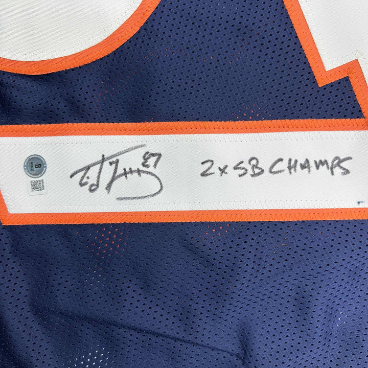 Autographed/Signed Ed McCaffrey 2x SB Champs Denver Blue Jersey Beckett BAS COA