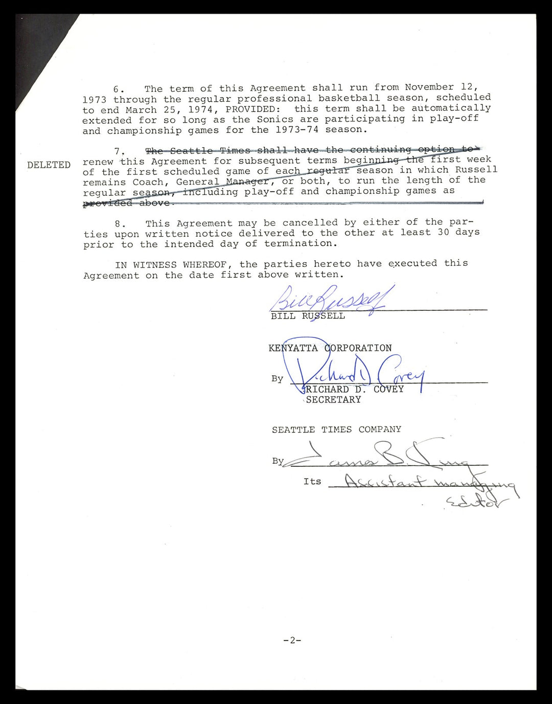 Bill Russell Signed 1973-74 Newspaper Contract Boston Celtics Beckett #AC74545