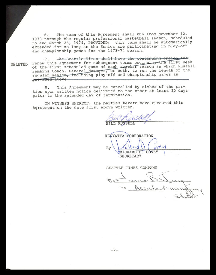 Bill Russell Signed 1973-74 Newspaper Contract Boston Celtics Beckett #AC74545