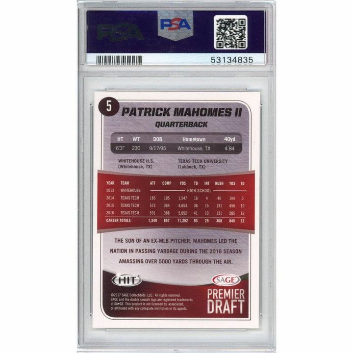 Graded 2017 Sage SA-GE Hit Premier Draft PATRICK MAHOMES #5 Rookie Card PSA 10