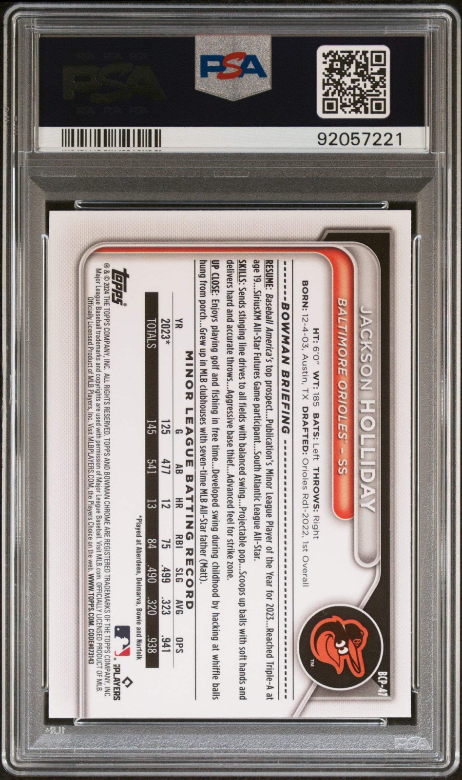 Graded 2024 Topps Bowman Jackson Holliday #BCP47 Lunar Glow Baseball Card PSA 10
