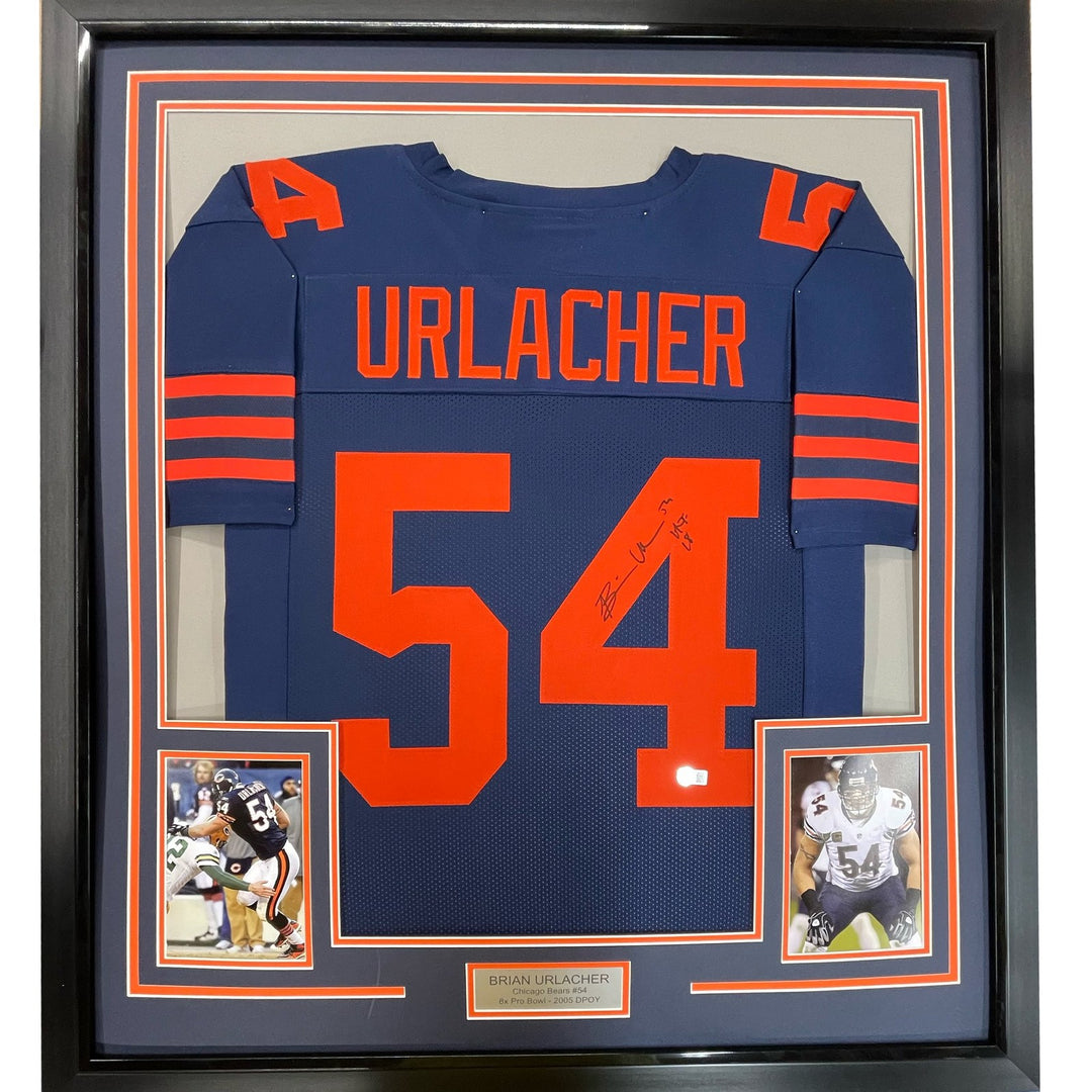 Framed Autographed/Signed Brian Urlacher 33x42 HOF 18 Blue Retro Jersey COA