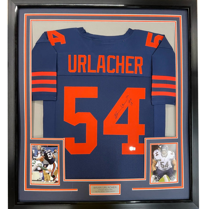 Framed Autographed/Signed Brian Urlacher 33x42 HOF 18 Blue Retro Jersey COA