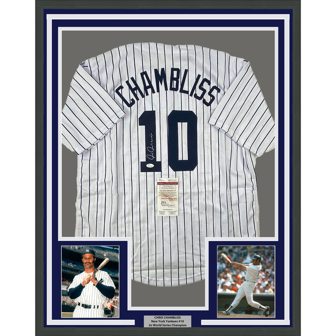 Framed Autographed/Signed Chris Chambliss 35x39 NY Pinstripe Jersey JSA COA