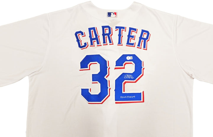 Rangers Evan Carter Auto White Nike Jersey Size 2XLT "23 WS Champs" Beckett Wit