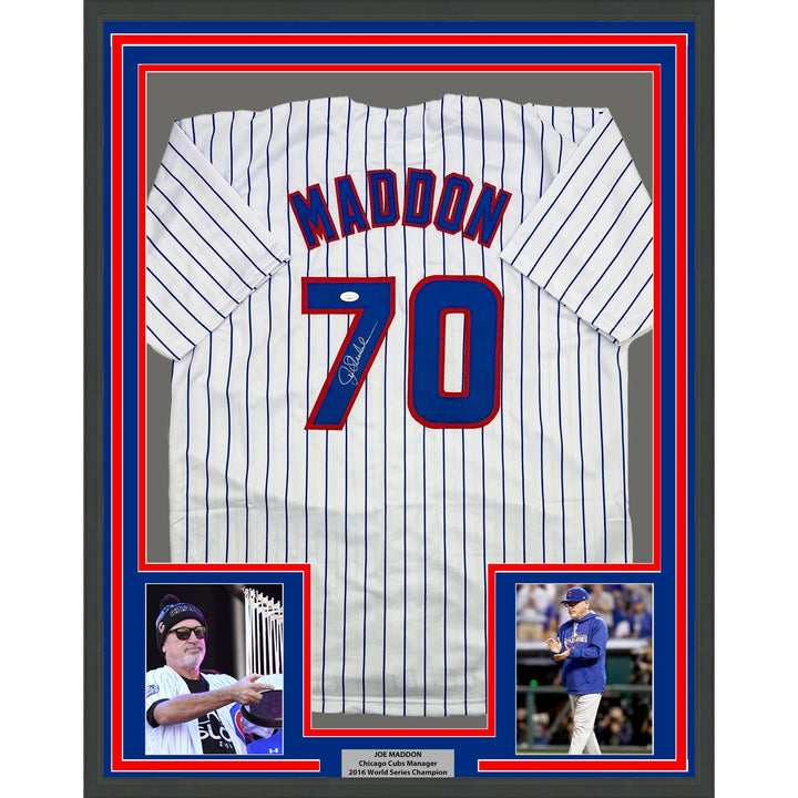 Framed Autographed/Signed Joe Maddon 35x39 Chicago Pinstripe Jersey JSA COA