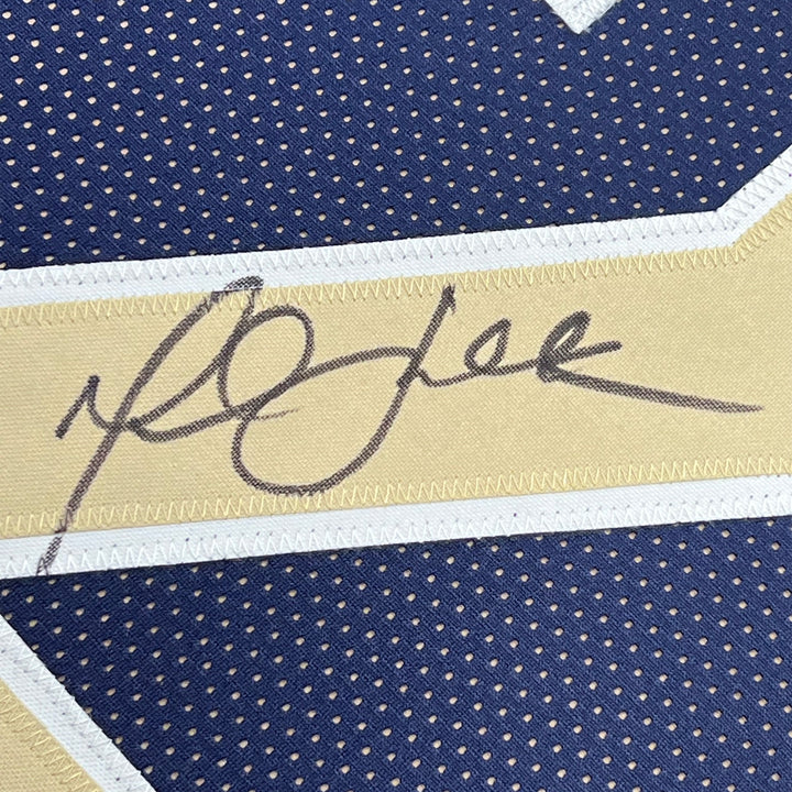 Framed Autographed/Signed Marshall Faulk 33x42 St Louis Navy Blue Jersey BAS COA