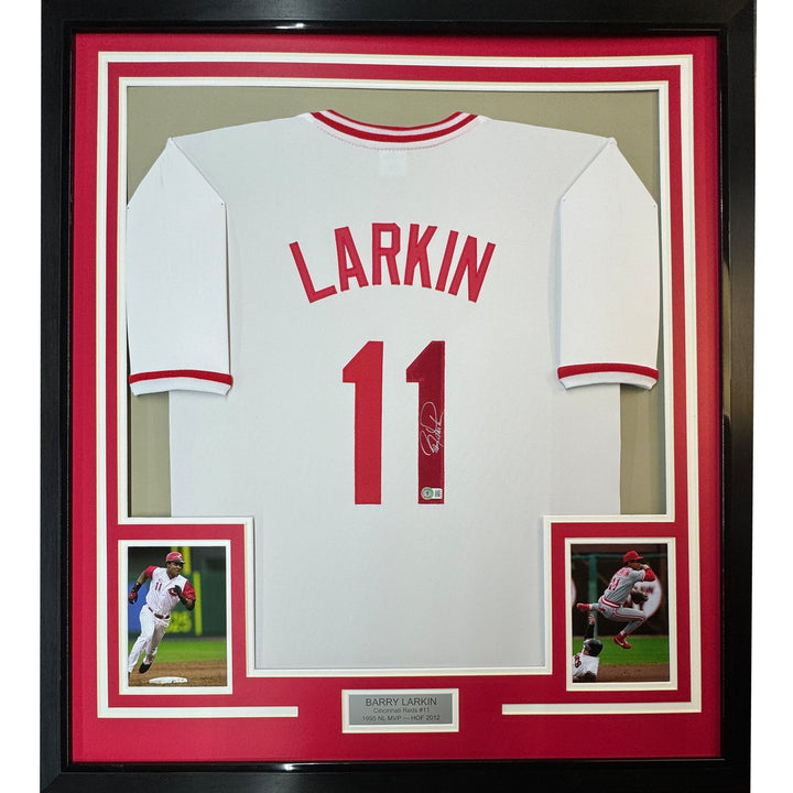 Framed Autographed/Signed Barry Larkin 33x42 Cincinnati White Jersey COA