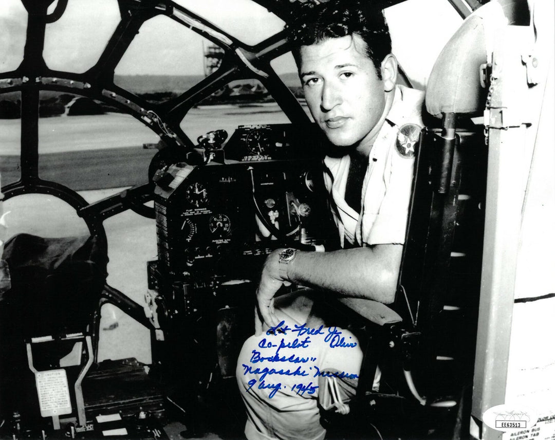 Fred Olivi signed WWII Nagasaki Japan 8/09/45 8x10 Photo Bockscar Co Pilot- JSA