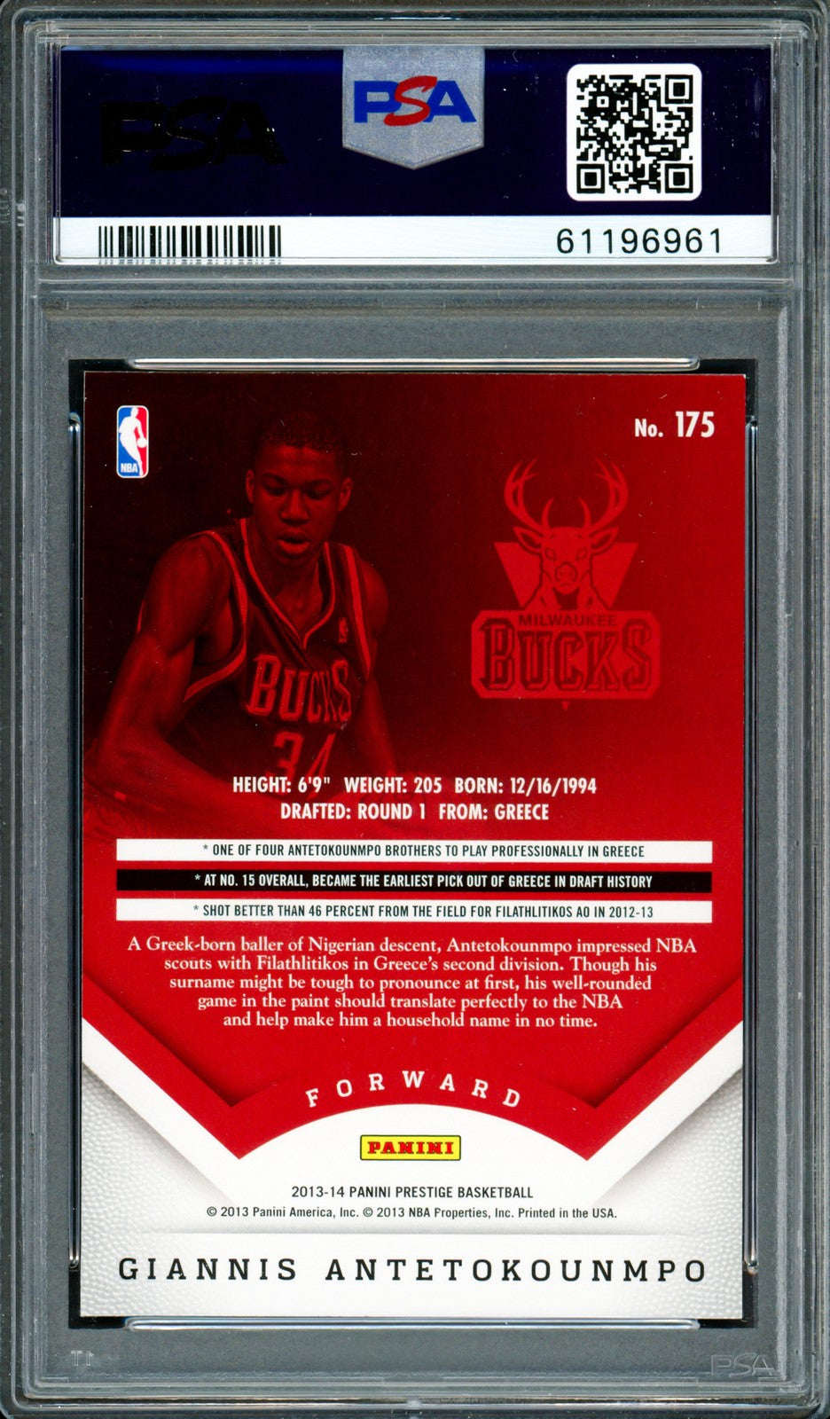 Giannis Antetokounmpo Auto 2013 Panini Prestige RC 175 Bucks PSA 8 Sig 10 DNA