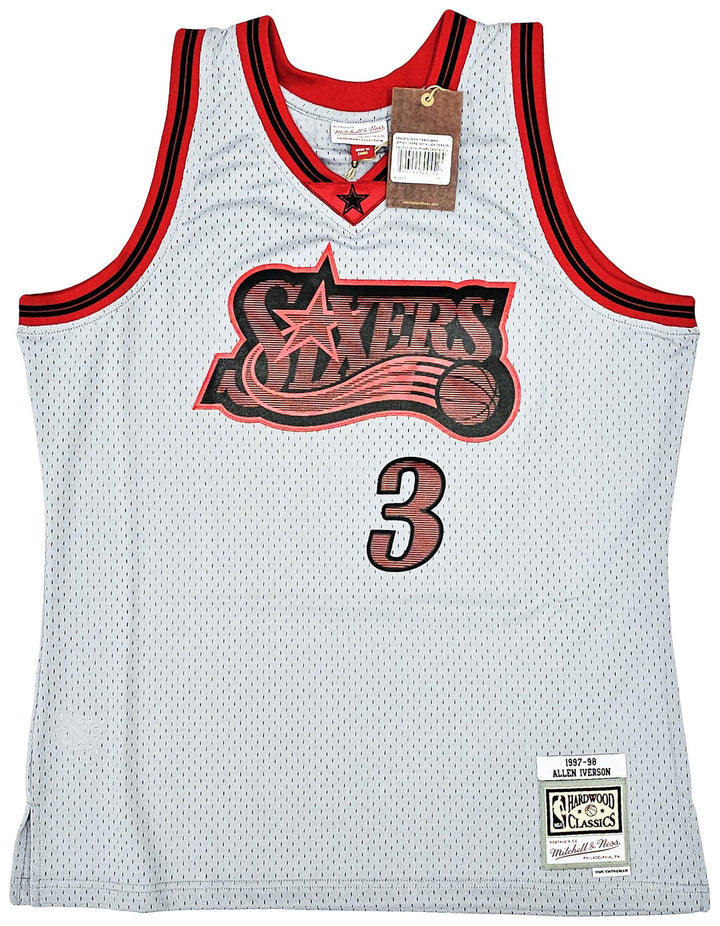 76ers Allen Iverson Auto Grey AUTH Mitchell Ness 97 HWC Swingman Jersey L BAS
