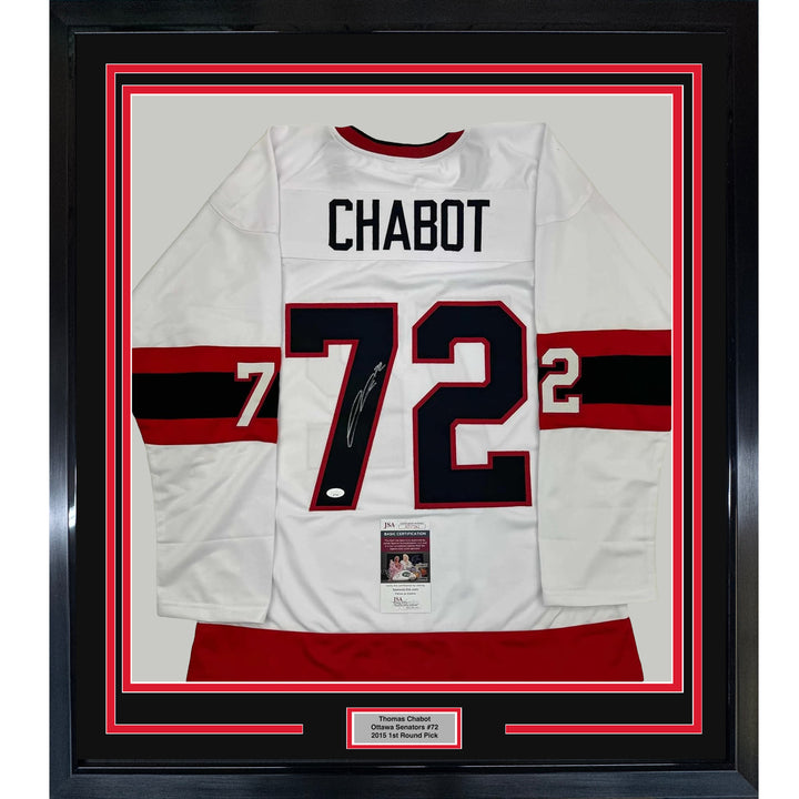 Framed Autographed/Signed Thomas Chabot 35x39 Ottawa White Hockey Jersey JSA COA
