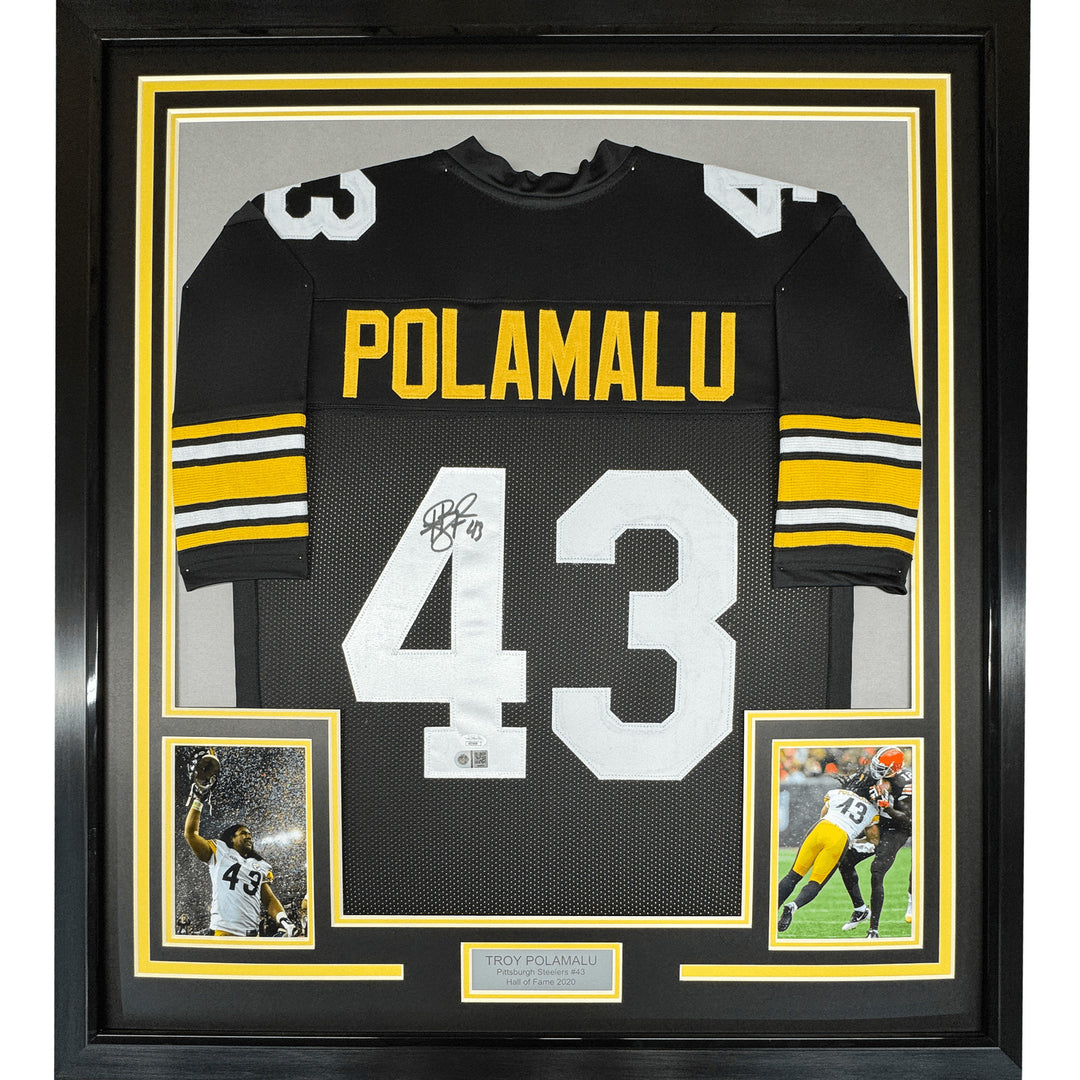 Framed Signed Troy Polamalu 35x39 Pittsburgh Retro Jersey JSA COA