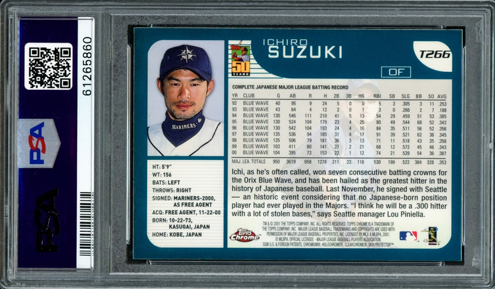 Ichiro Suzuki Signed 2001 Topps Chrome Traded RC T266 Seattle Mariners PSA/DNA