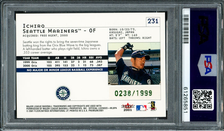 Ichiro Suzuki Signed 2001 Fleer Premium RC 231 Mariners Sig 10 #238/1999 PSA/DNA
