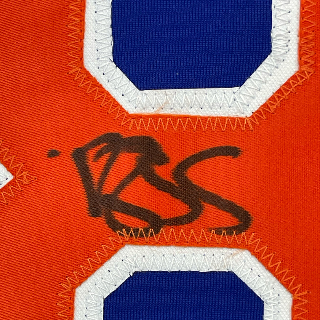 FRAMED Autographed/Signed DARRYL STRAWBERRY 33x42 New York Blue Jersey PSA COA
