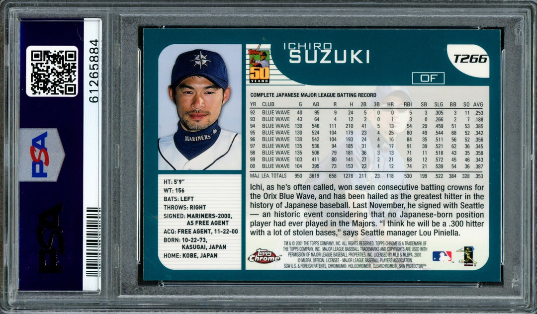 Ichiro Suzuki Signed 2001 Topps Chrome Traded RC T266 Mariners PSA 8 PSA/DNA