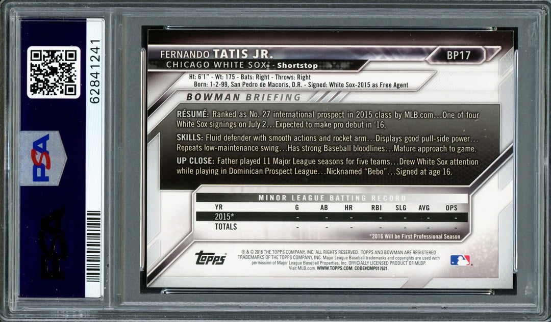 Fernando Tatis Jr. Signed 2016 Bowman Prospects RC BP17 PSA 10 Sig 9 PSA/DNA