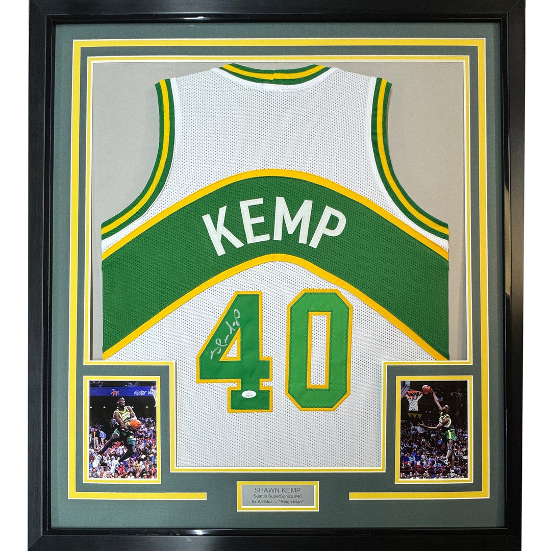 FRAMED Signed SHAWN KEMP 35x39 Seattle White Jersey JSA COA Auto