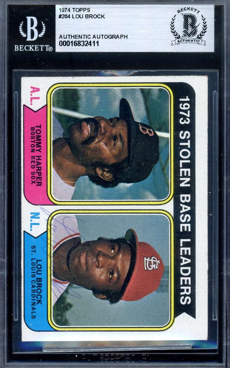 Lou Brock Beckett BAS Signed 1974 Topps 1973 Leaders Autograph
