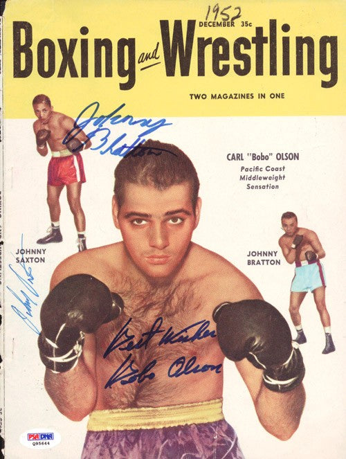 Johnny Saxton, Carl Bobo Olson, Johnny Bratton Auto Boxing Magazine Cover PSA