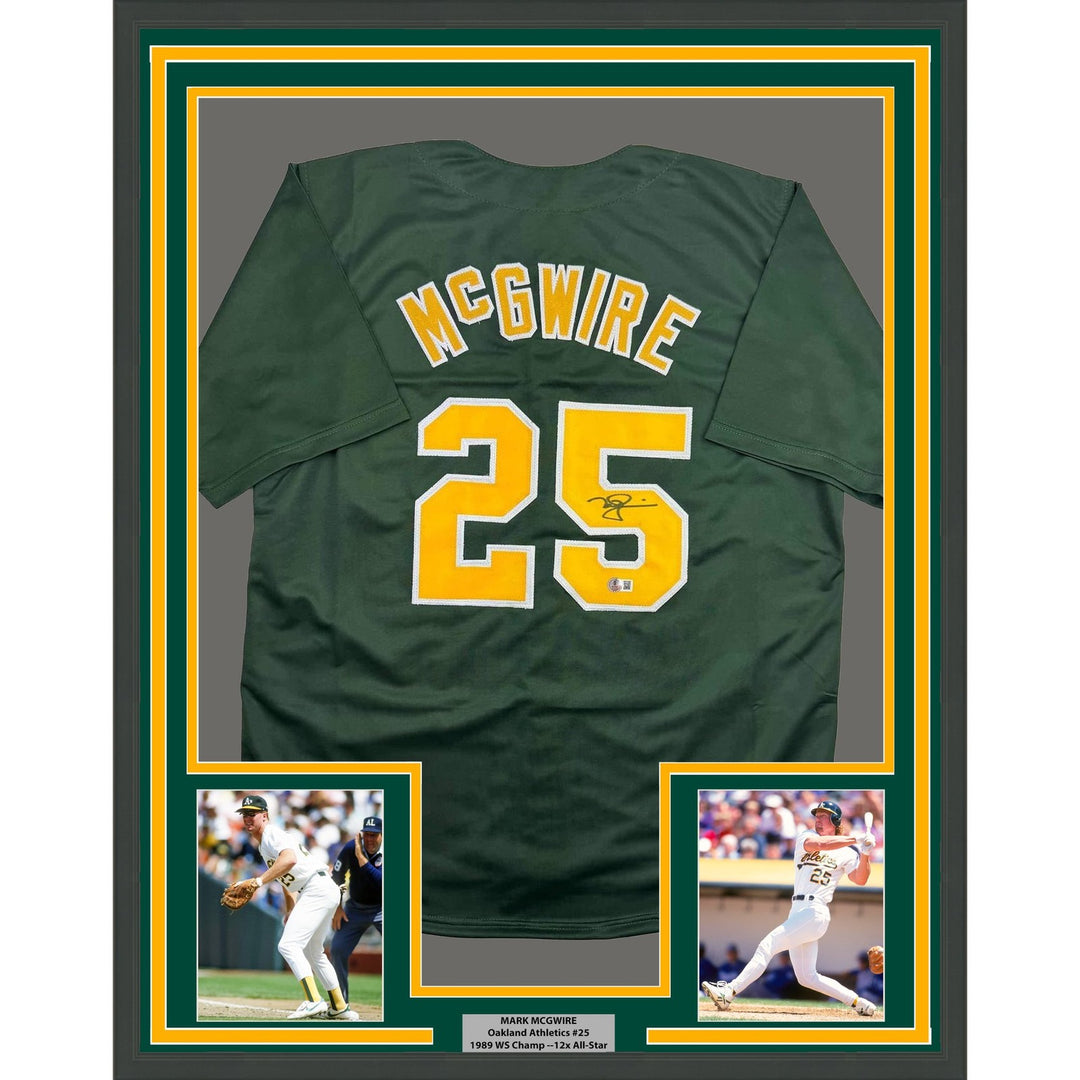 Framed Autographed/Signed Mark McGwire 35x39 Oakland Green Jersey BAS COA