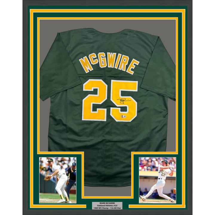 Framed Autographed/Signed Mark McGwire 35x39 Oakland Green Jersey BAS COA