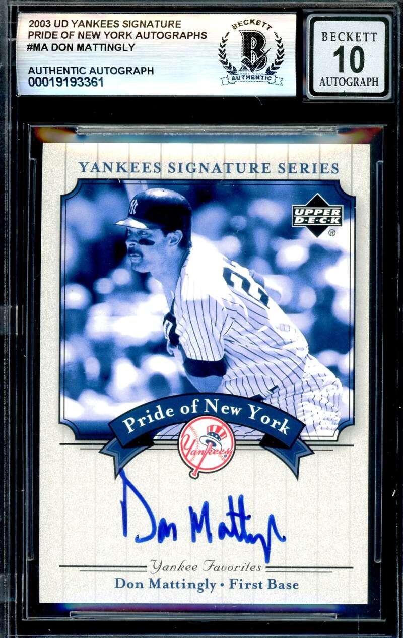 Don Mattingly Gem Mint 10 Beckett BAS Signed 2003 Upper Deck Yankees Series Auto