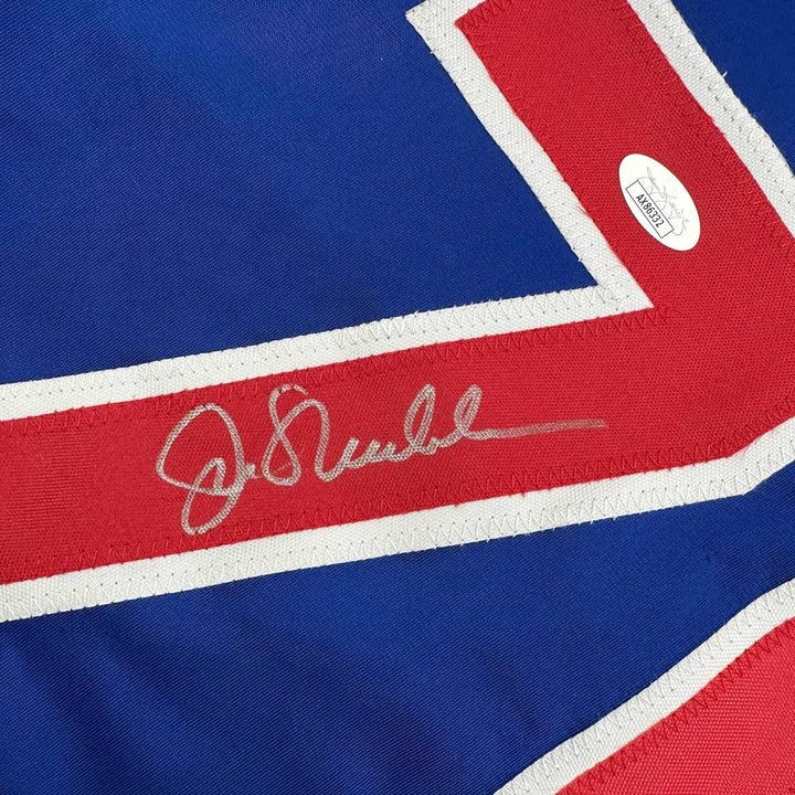 Framed Autographed/Signed Joe Maddon 35x39 Chicago Blue Jersey JSA COA