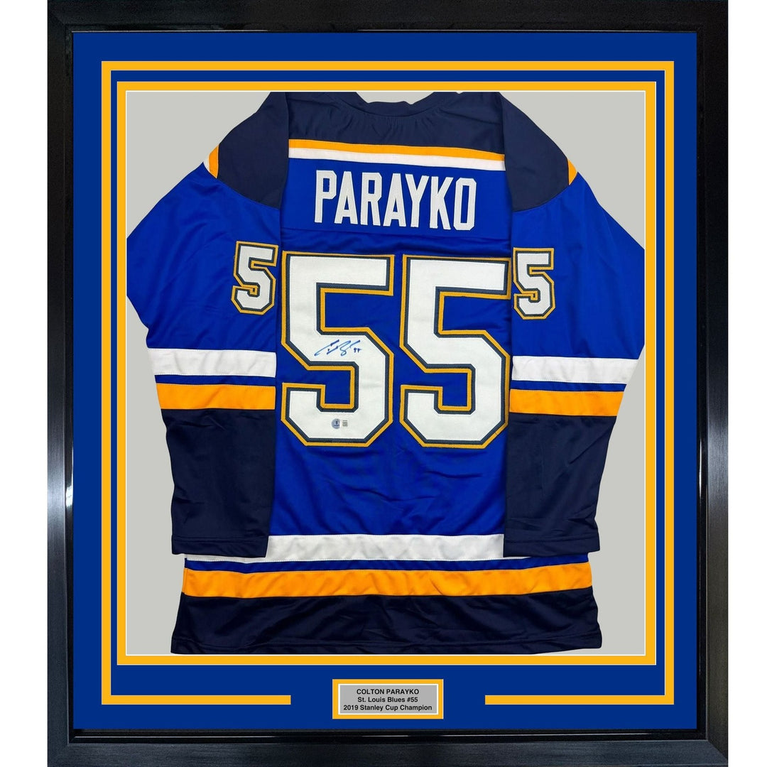 Framed Signed Colton Parayko 35x39 St. Louis Blue Jersey Beckett BAS COA
