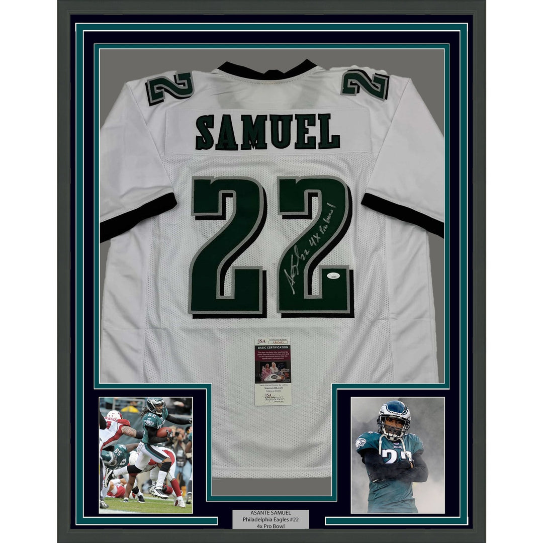 Framed Autographed/Signed Asante Samuel Sr 35x39 White Jersey JSA COA