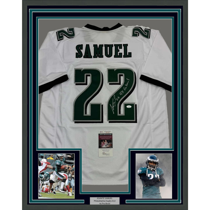 Framed Autographed/Signed Asante Samuel Sr 35x39 White Jersey JSA COA