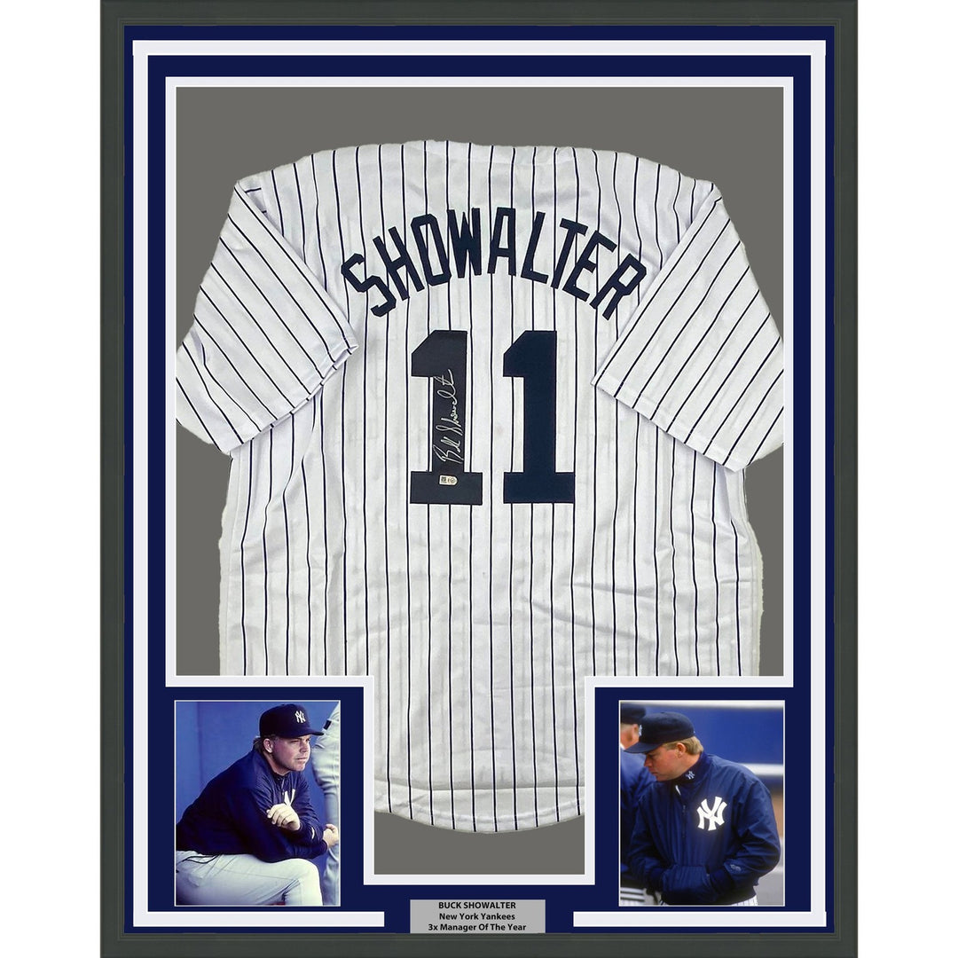 Framed Signed Buck Showalter 35x39 New York Pinstripe Jersey MLB COA