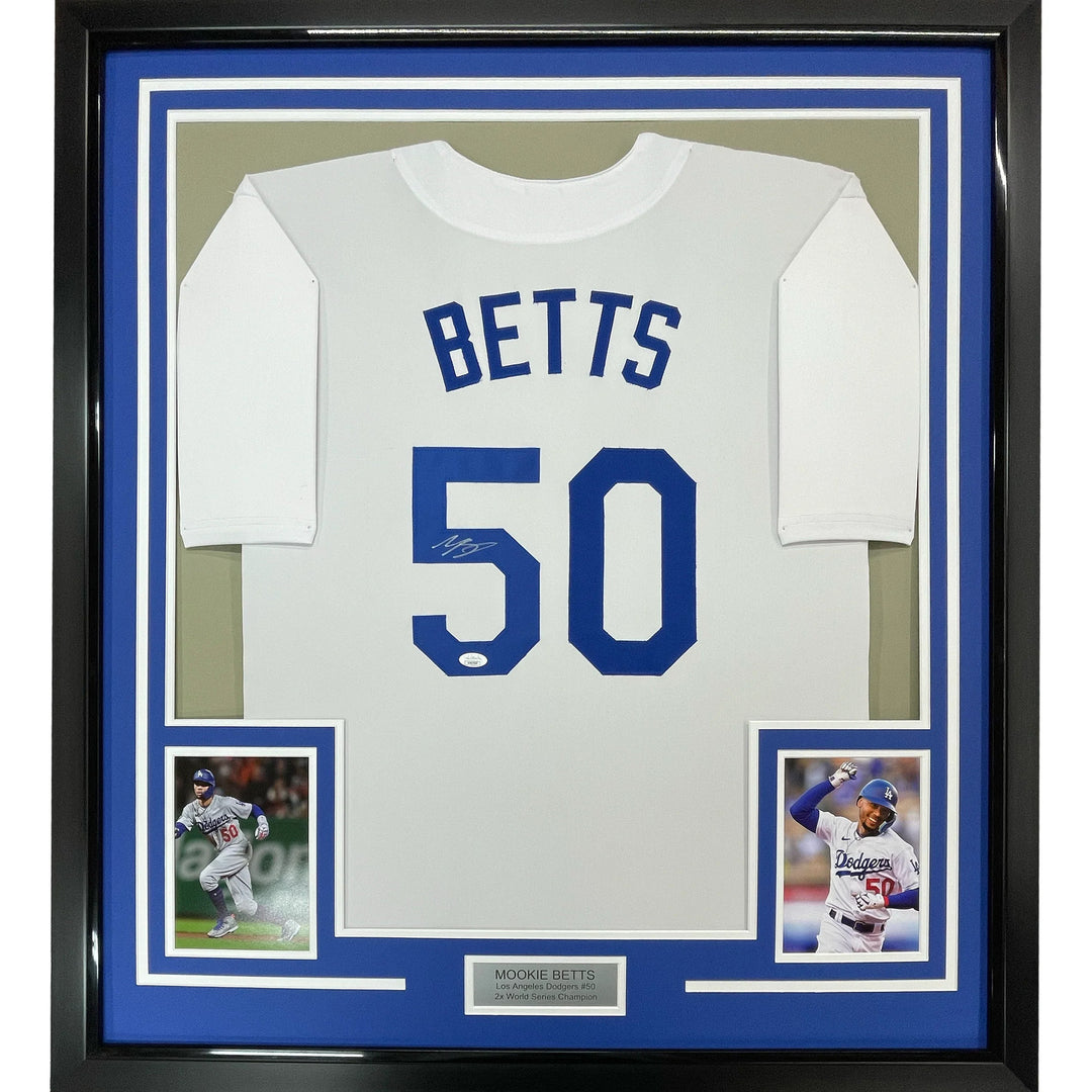 Framed Autographed/Signed Mookie Betts 33x42 Los Angeles LA White Jersey JSA COA