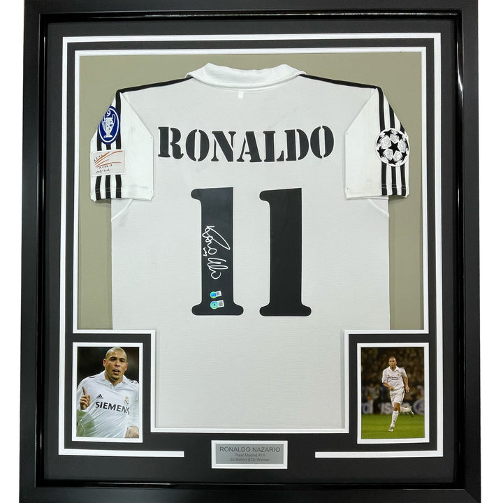 Framed Autographed/Signed Ronaldo Nazario 33x42 Real Madrid White Jersey BAS COA