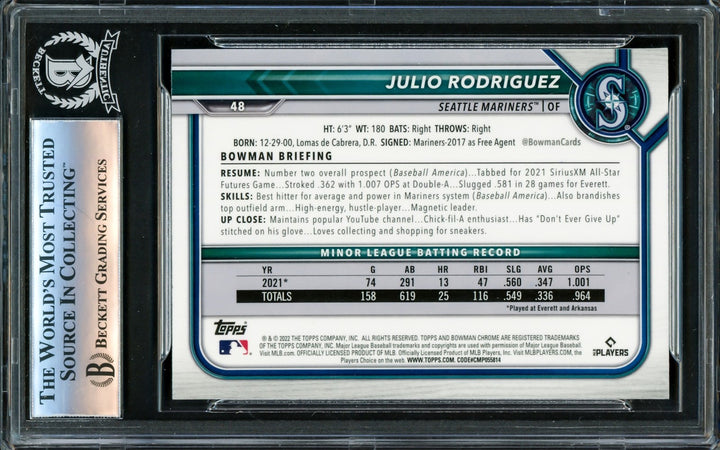 Julio Rodriguez Signed 2022 Bowman Chrome RC #48 Seattle Mariners Beckett