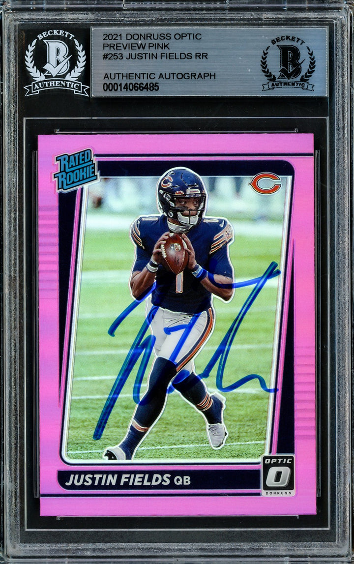 Justin Fields Auto 2021 Donruss Optic Pink Prizm Preview Card P253 Bears Beckett