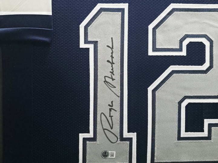 Dallas Cowboys Roger Staubach Signed Framed Navy Blue Jersey Beckett BAS Witness