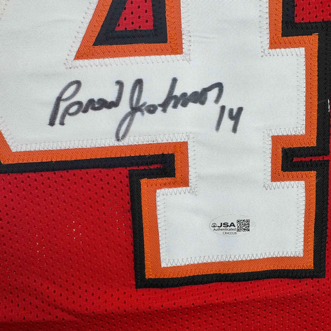 Autographed/Signed Brad Johnson Tampa Bay Red Jersey Beckett BAS COA