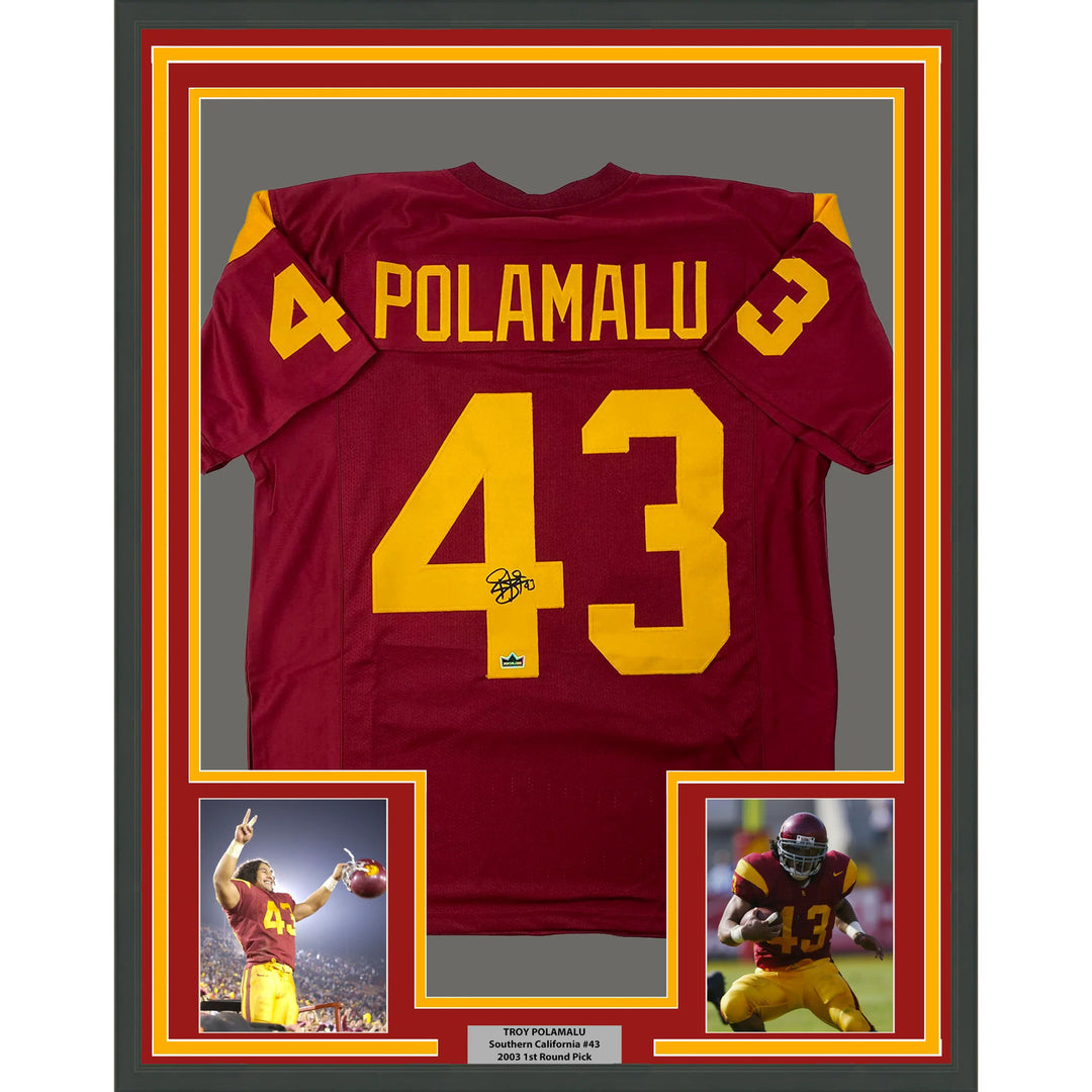 Framed Facsimile Autographed Troy Polamalu 33x42 USC Maroon Reprint Laser Jersey