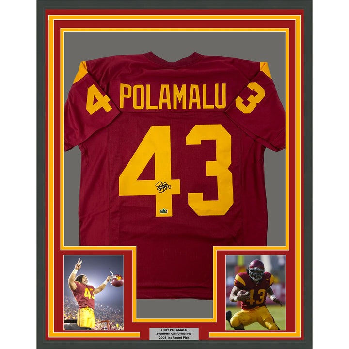 Framed Facsimile Autographed Troy Polamalu 33x42 USC Maroon Reprint Laser Jersey