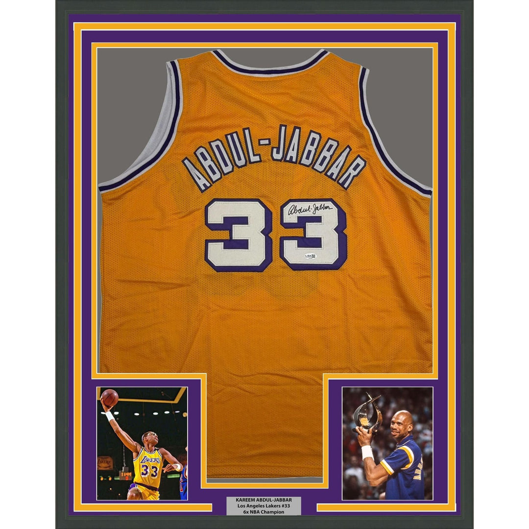 Framed Autographed/Signed Kareem Abdul-Jabbar 35x39  Yellow Jersey JSA COA