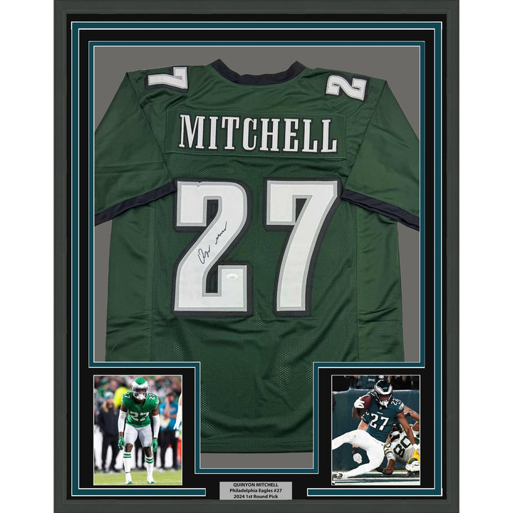 Framed Autographed/Signed Quinyon Mitchell 35x39 Green Jersey JSA COA
