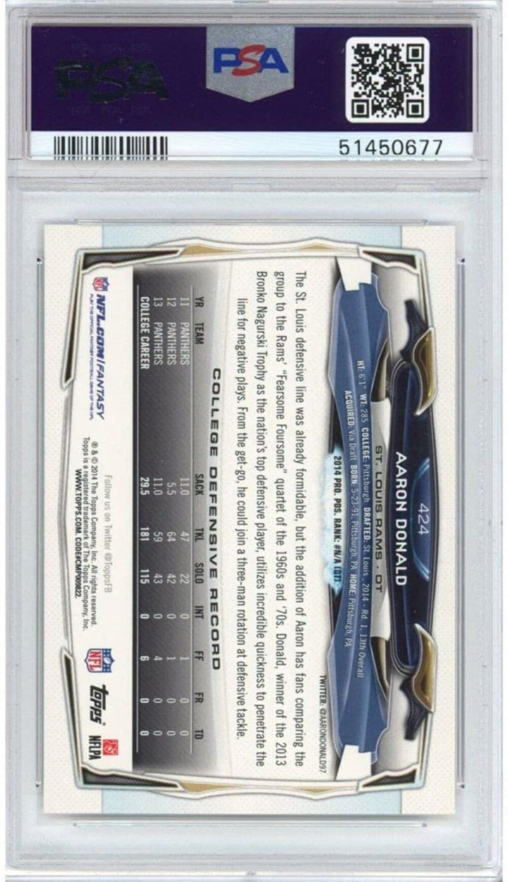 Graded 2014 Topps Aaron Donald #424 No Helmet Rookie RC Football Card PSA 10 Gem
