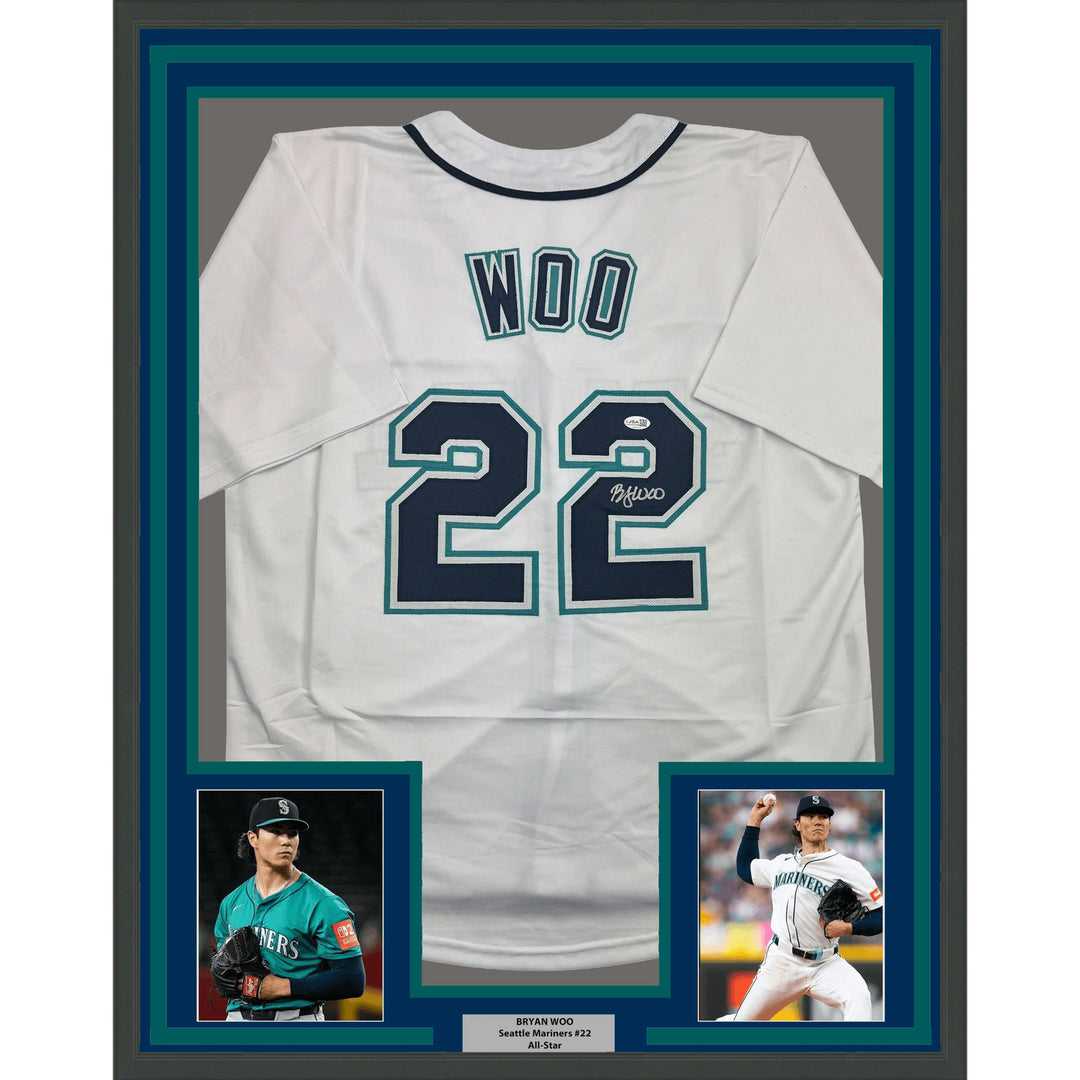 Framed Autographed/Signed Bryan Woo 35x39 Seattle White Jersey JSA COA