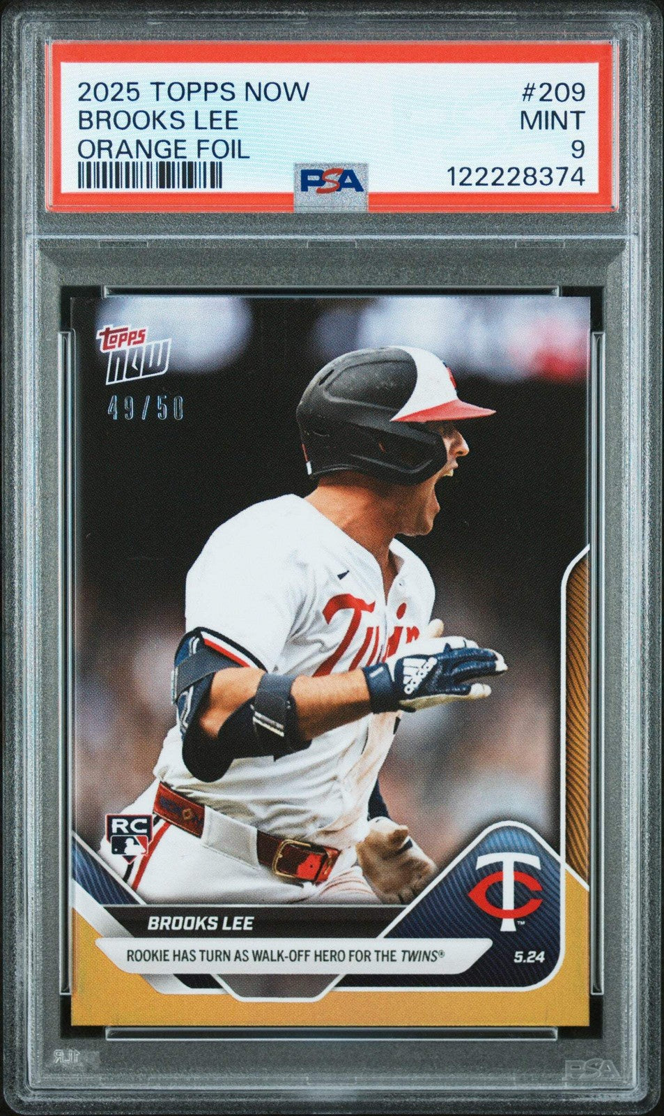 Graded 2025 Topps Now Brooks Lee #209 Orange Foil /25 Rookie Baseball Card PSA 9