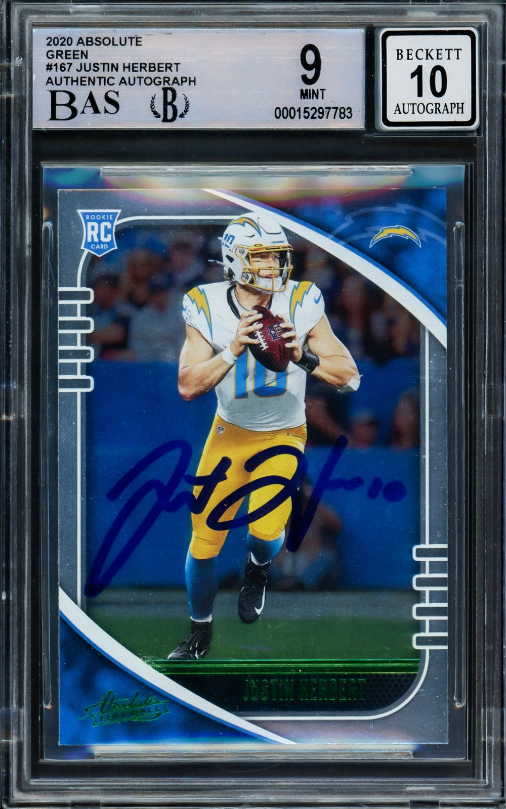 Justin Herbert Auto 2020 Absolute Green RC 167 Chargers BGS 9 Auto GM 10 Beckett