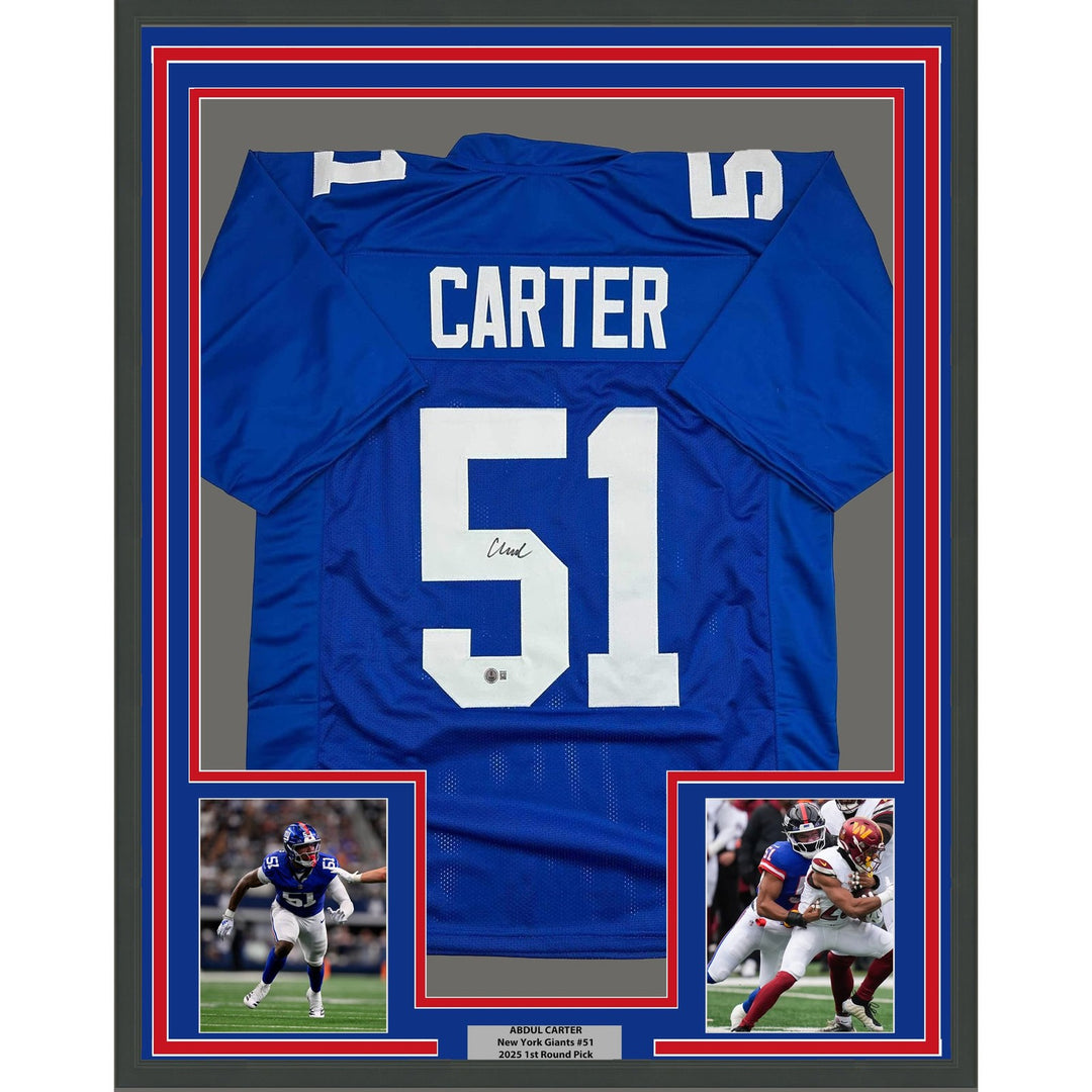 Framed Autographed/Signed Abdul Carter 35x39 New York Blue Jersey BAS COA
