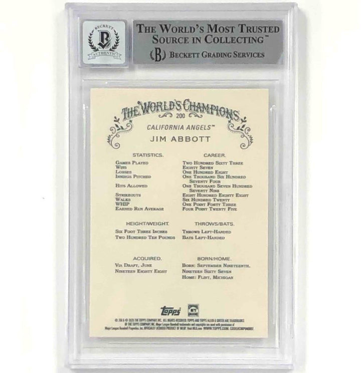 Jim Abbott autograph signed 2020 Topps Allen Ginter Angels card BAS BGS 10 Auto